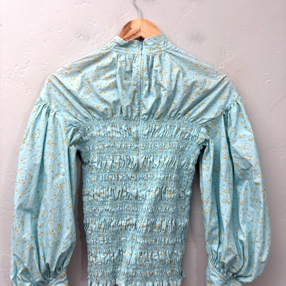 Ganni Smocked Floral Top Shirt Size 38 (US 6) Light Blue Long Sleeve Cotton Flaw - Picture 7 of 14